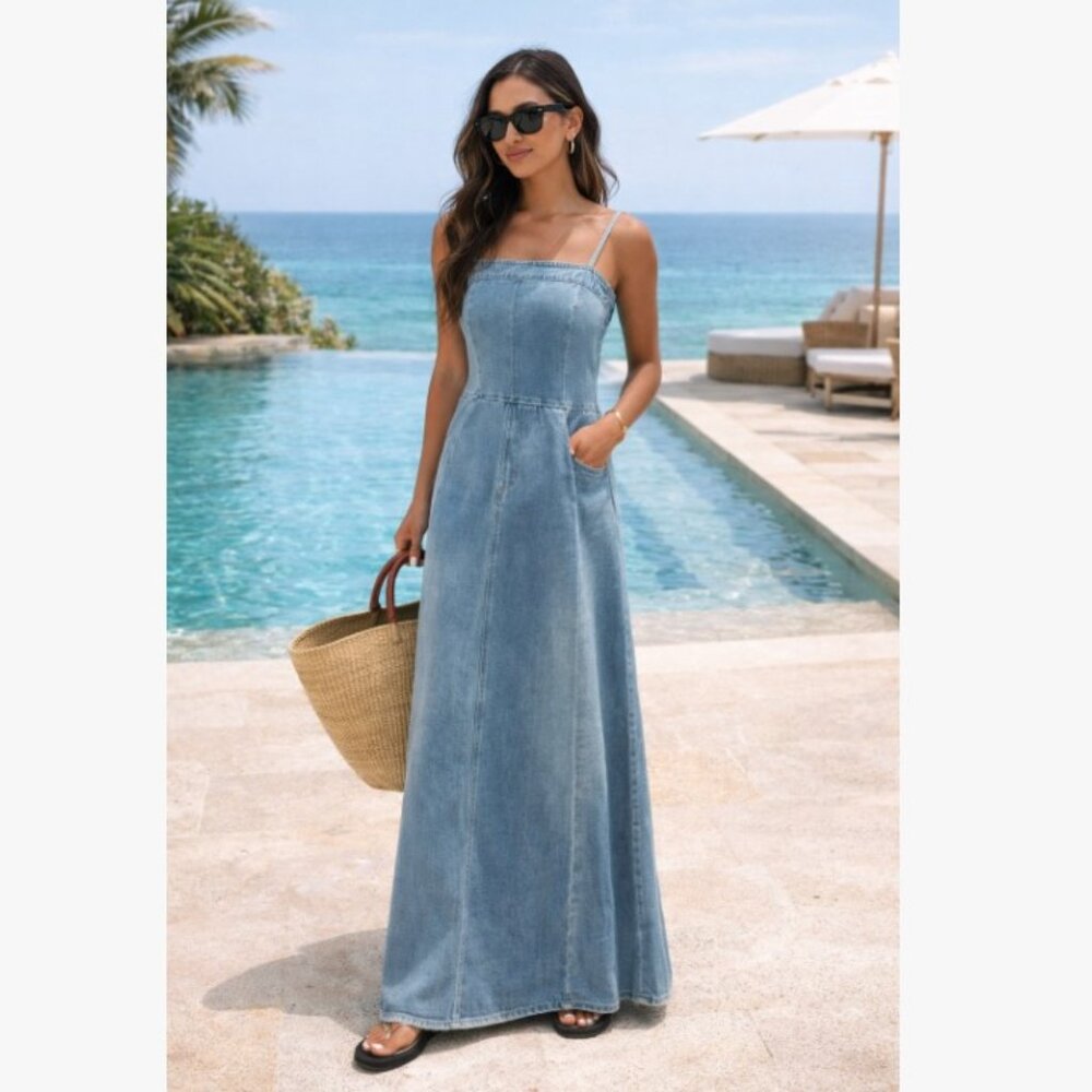 Denim Maxi Dress with Spaghetti Straps - Blue